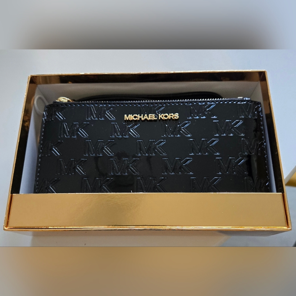 Michael Kors Black Patent Embossed MK Zip Around Wristlet with Gold Hardware
